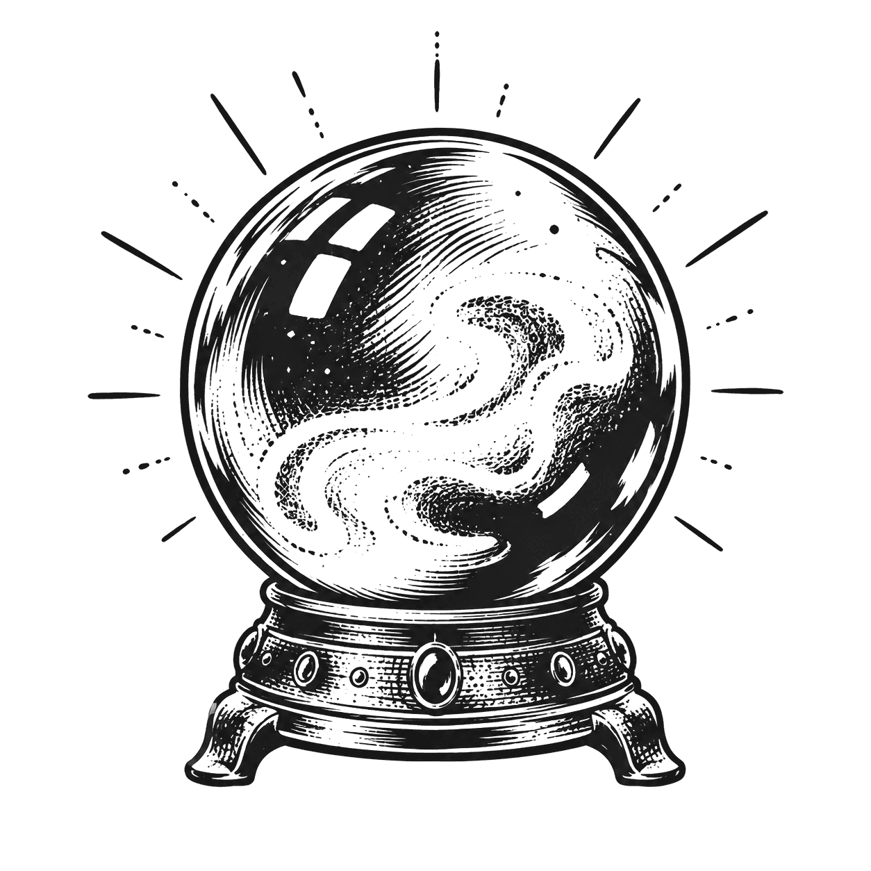 Engraving of a crystal ball on an ornate stand, radiating lines