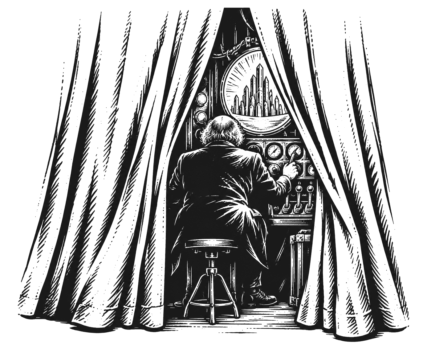 Engraving of a man working a bank of levers behind a parted stage curtain