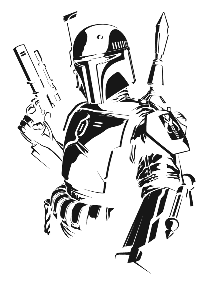 High-contrast stencil of an armoured Mandalorian bounty hunter