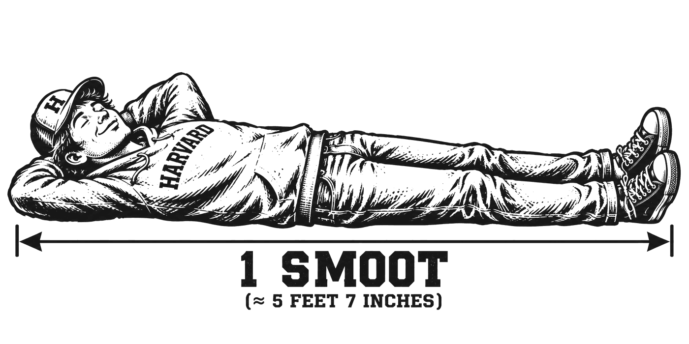 A student lying down beside a dimension line labelled one smoot, approximately five feet seven inches