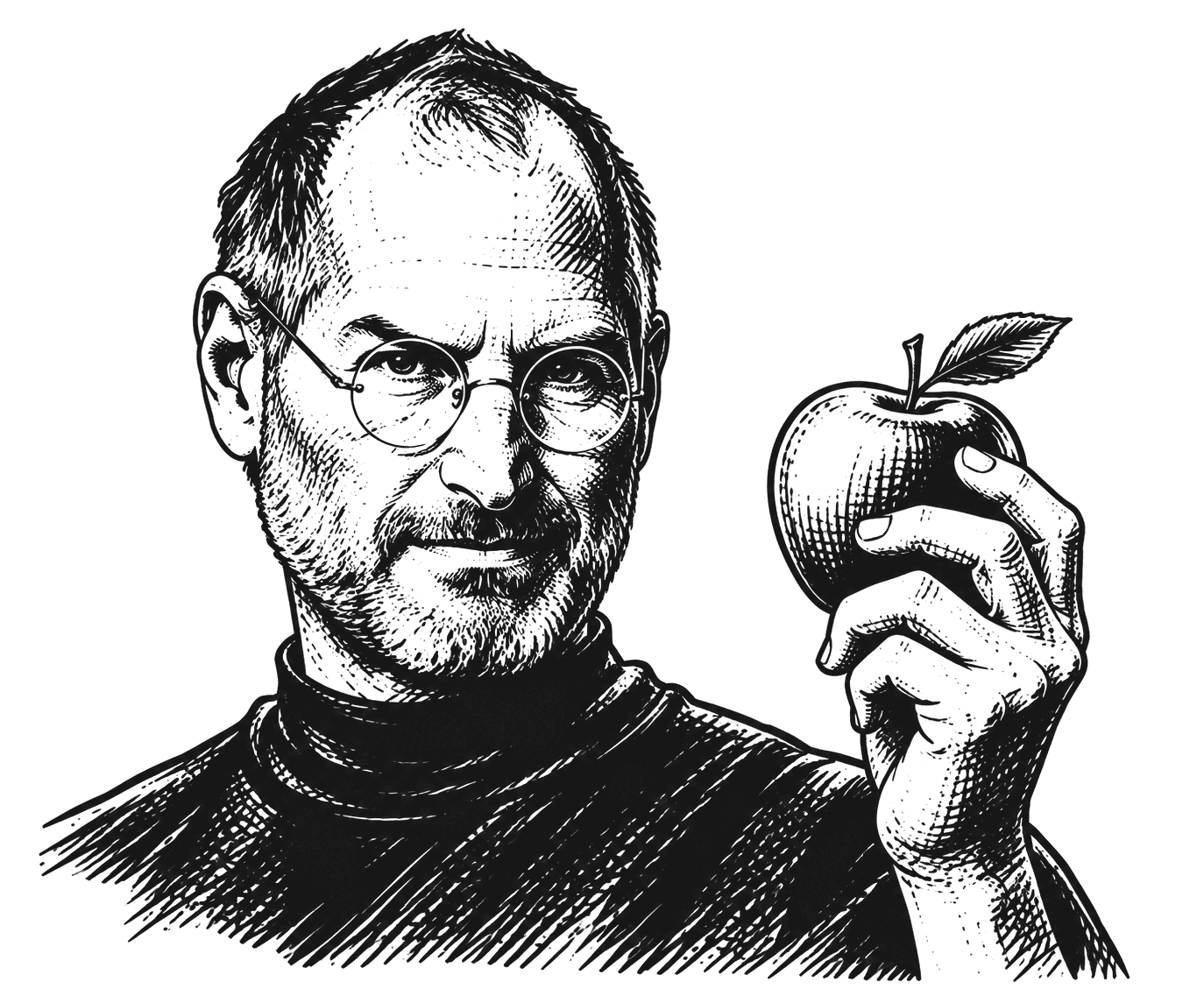 Engraving of Steve Jobs holding an apple